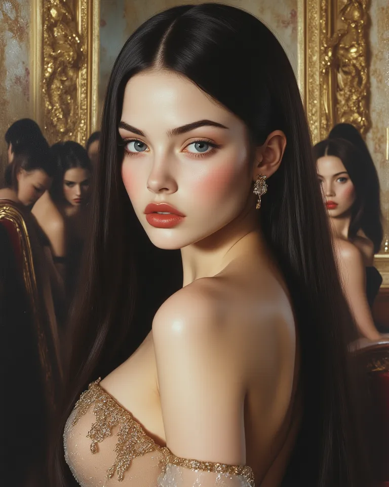 FULL PHOTO beautiful hyper realistic oil painting ON HER BACK 18 year old young girl,  Russian traits,  light pale white skin ,  CHISELED FACE , blue eyes, Red lips cherry,  long straight jet black hair , shiny skin, egocentric expression ,  golden diamond...