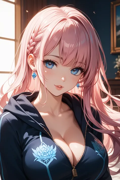 blue hanging eye, pink hair ,long hair,Big Breasts, beauty, girls on the left, Zip Up Hoodie , has bangs