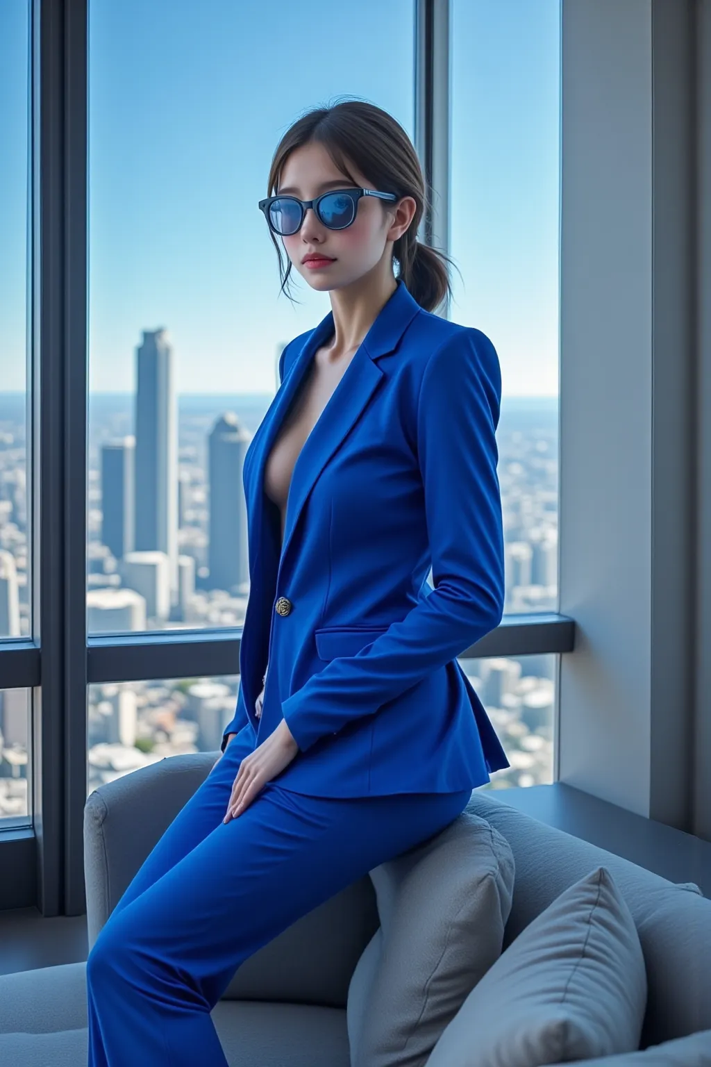 She is wearing a blue tight suit and sunglasses.I'm sitting on a chair with a good view of the blue sky and sitting cross-legged.You can see the appearance of a well-developed city.