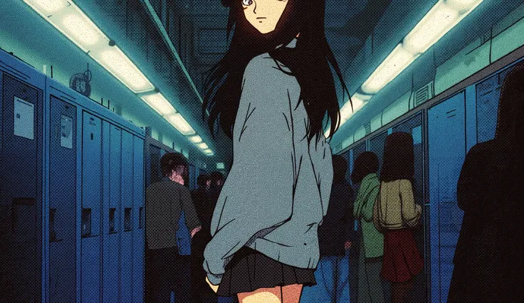 Create 90s retro anime-style image of a Wide shot of a high school hallway. Fluorescent lights hum, gloomy, students chattering, lockers line the walls. 1girl with long black hair and a fringe, pale skin, delicate, dark unreadable eyes, stands at her locke...