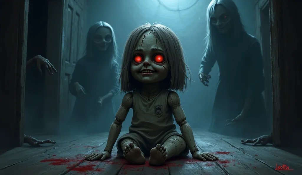 "A dark, eerie room with dim lighting and a haunted atmosphere. In the center sits Letta the Doll, an ancient wooden doll with glass red eyes that reflect eerie light and an unsettling grin. Her face appears cracked and aged, giving an ominous, lifelike ex...