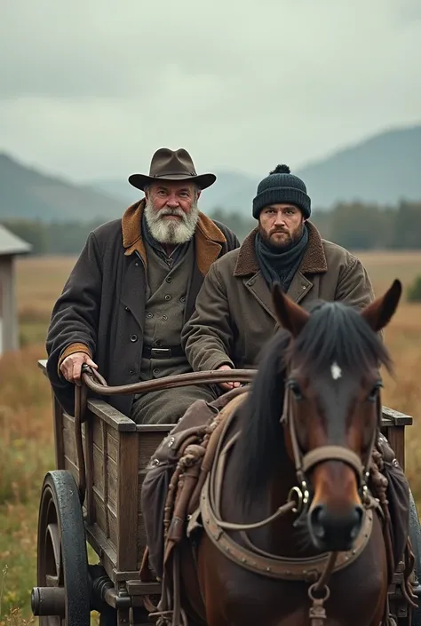 Two man in a cart (one of them it’s a judge , the other one it’s a young villager) with horses. They are in a village rolde . Make the judge a little fat with a beard. They are about the Elin Pelins “ANDRESHKO” 
