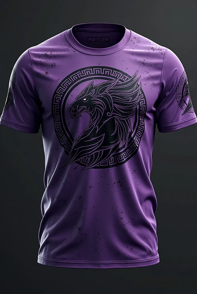 Give me the design of a personalized t-shirt on the front and back, color purple with black and a theme referring to Norse runes or similar strokes. That has a style similar to UFC jerseys but with a personalized logo. More black than purple