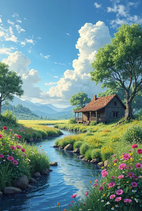 wonderful landscape, a simple house on the edge of a stream, surrounded by flowers, trees,  blue sky. Realistic, photography rich in details and colors,