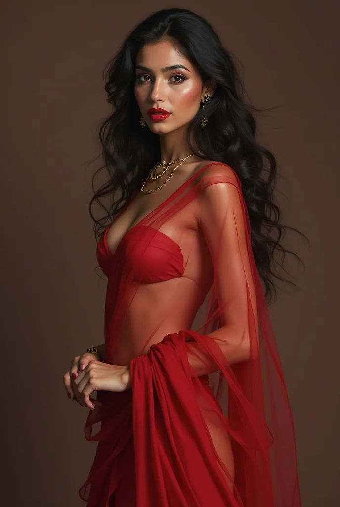 A 20/21-year-old Indian young woman is standing wearing a thin chiffon  deep colour saree and a sleeveless blouse. The saree pallu is delicately draped over her body, exposing her navel. She looks very beautiful with red lipstick, and her black hair is lef...