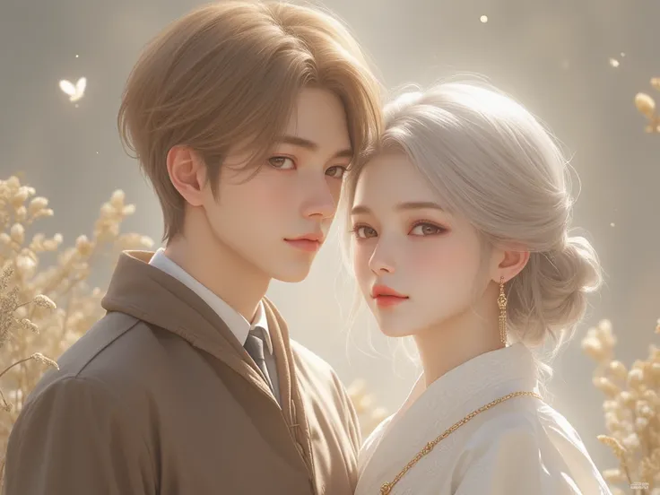 Masterpiece, best quality, 8k, highest quality, best graphic, beautiful eye, beautiful lip, beautiful background, 1man, 1woman, couple like

**first korean man**
Age: 15
Appearance: handsome, golden short hair
Cloth: brown

**second korean woman**
Age: 15
...