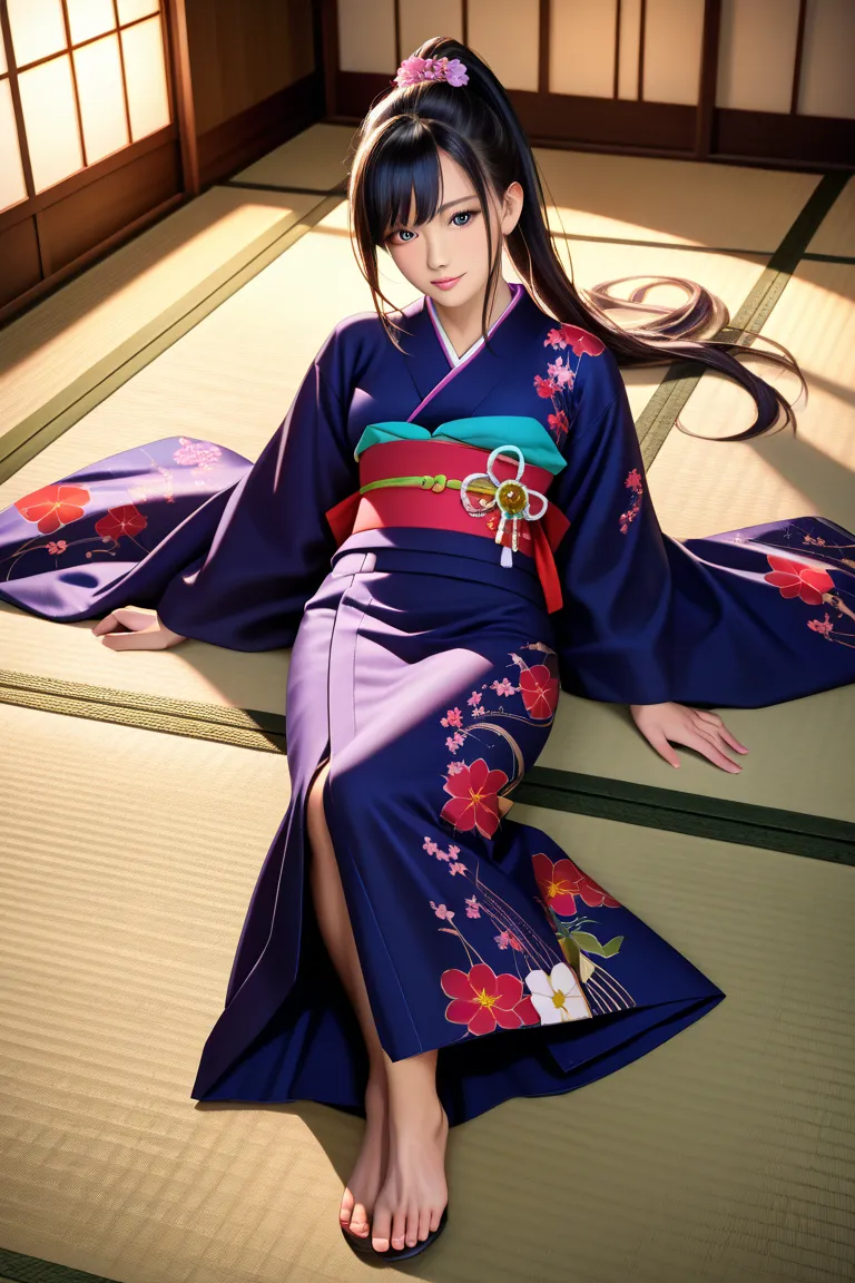 HD、 one woman、Festive attire、Long-sleeved kimono、 black hair、Long Hair、ponytail、 so I can see my whole body、 tatami room、A man lies down、fellatio,nsfw