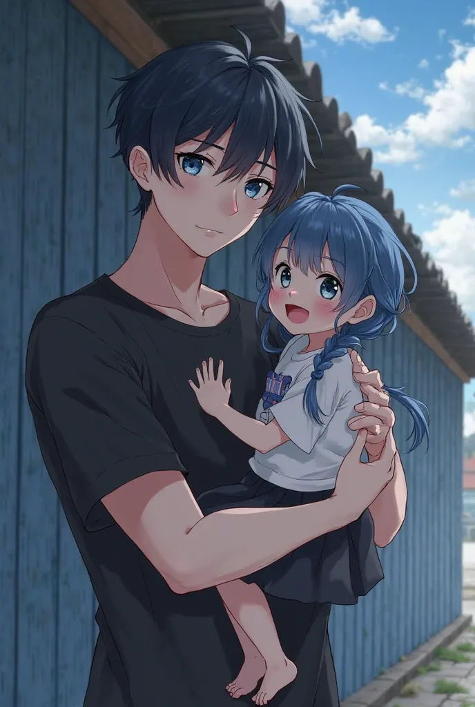 Ask for a picture of a father with a little anime daughter, a father with black hair, blue eyes, wearing a black T-shirt, holding a braided long blue hair, gray eyes, wearing a black skirt, in a black, blue house.