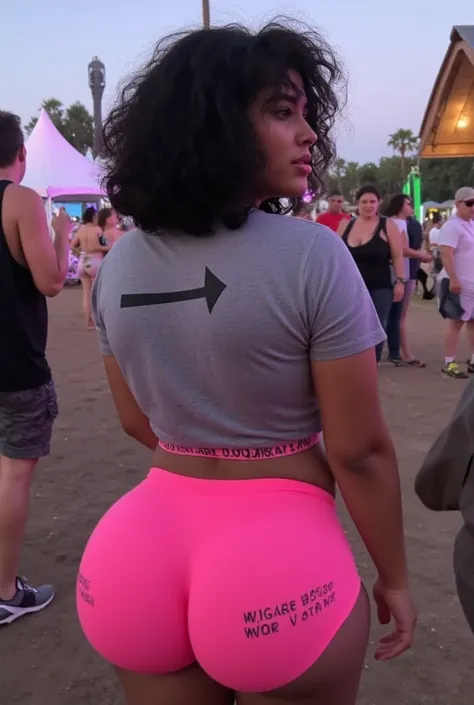 Photo of a gorgeous slim college girl with a big ass standing at a music festival. She has a thin waist and thick thighs. Detailed background. Back of her head is visible. She is facing away from the camera. View from behind. She has small breasts but thic...