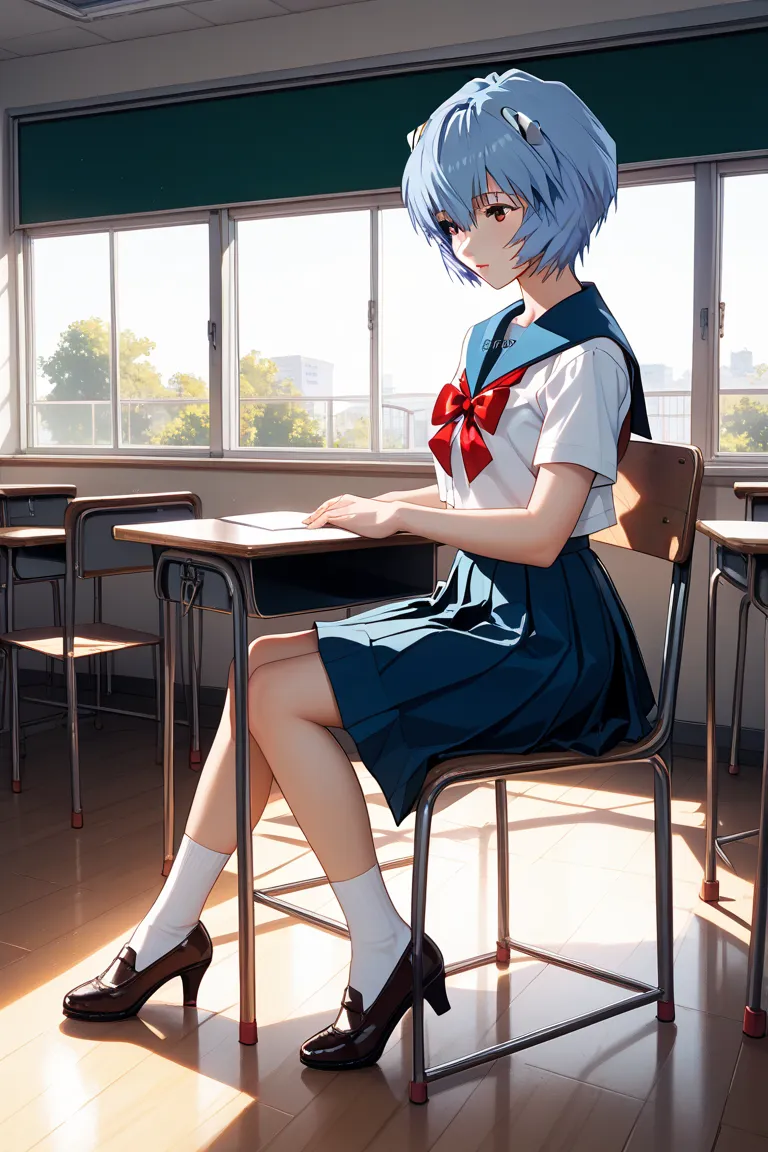 Rei Ayanami,Eva,uniform,schools,chair,full body