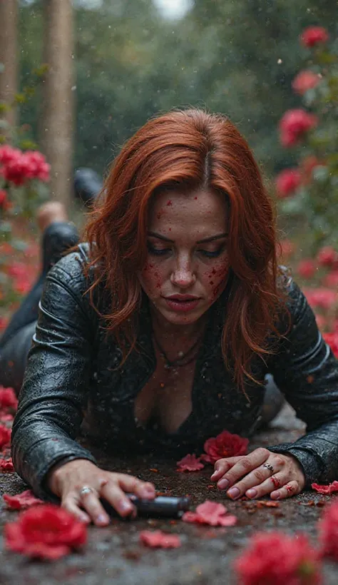 Avengers Blackwidow on ground bloody call mobile,at flower garden