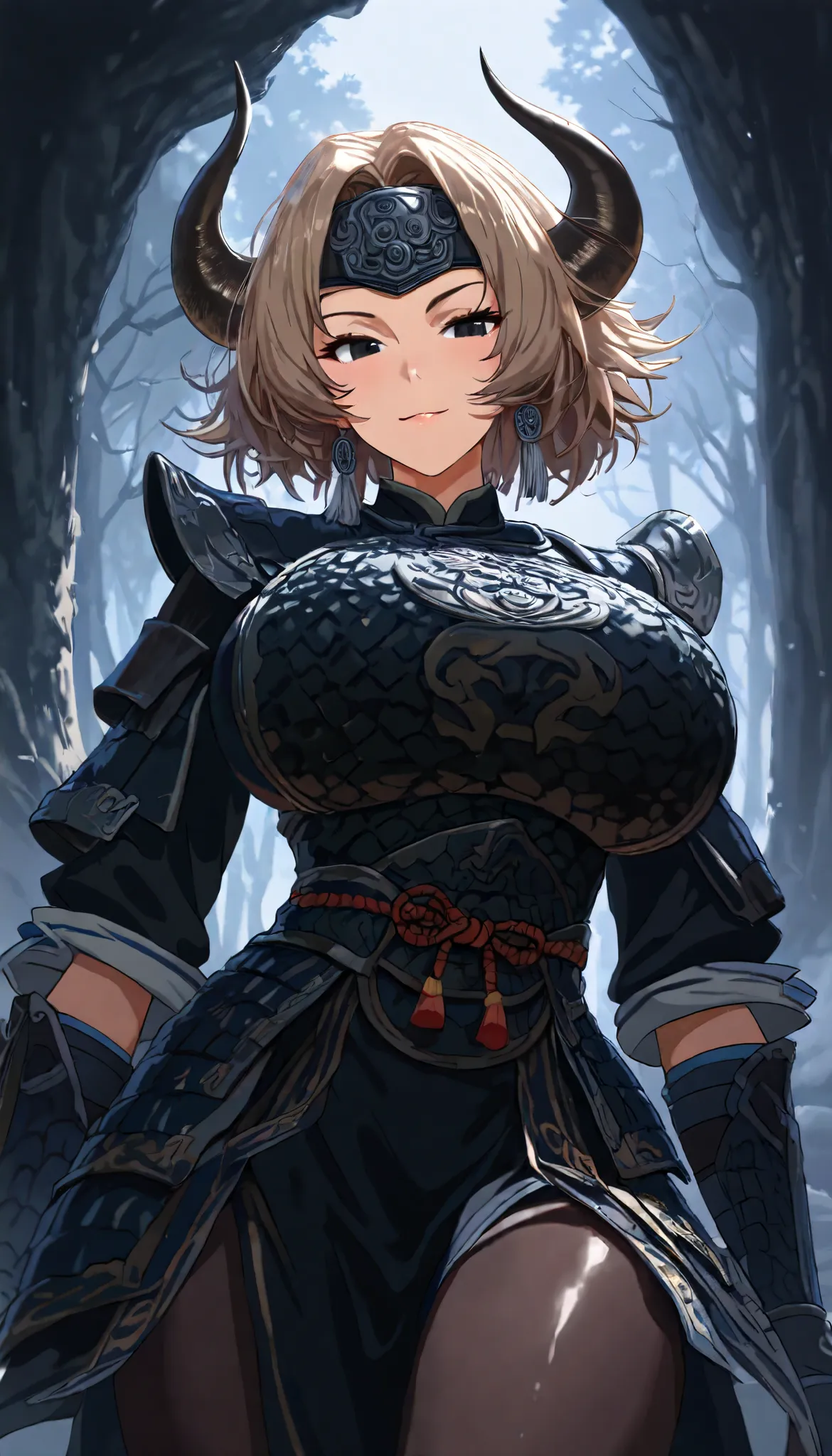 A buffalo Female ,buffalo horns, Perfect body,Oppai (short hair, light brown hair, messy hair, parted bangs),buffalo Metal Forehead Protector, Black eyes, Wearing A Dark buffalo armor (Chinese Armor,Matte), Open pose, seductive smile, In A Stone forest, UH...