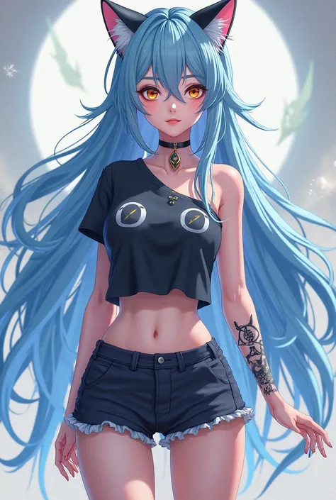 Anime girl with long baby blue hair and black eyebrows with one red eye and one yellow eye And cat ears full body A mini skirt and a one-shoulder t-shirt. With a  tattoo on her right hand 