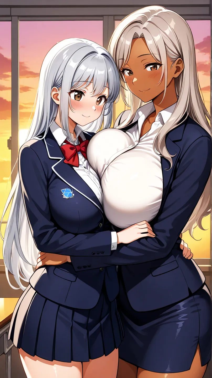 high definition, Highest quality,Rating:sensitive. Two Women,女子student,  Female Teacher, blush. ,  very long hair,Decent height, amber eyes, silver hair, dark skin, student,  school uniform. beauty, beige short bob hair, brown eyes,very big breasts, Tall h...