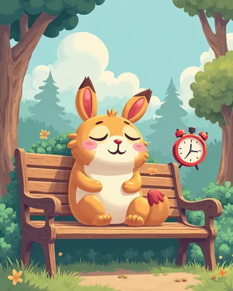 "A sleepy cartoon character sitting on a bench, with a clock icon showing 'Skip Turn', fun and vibrant design."