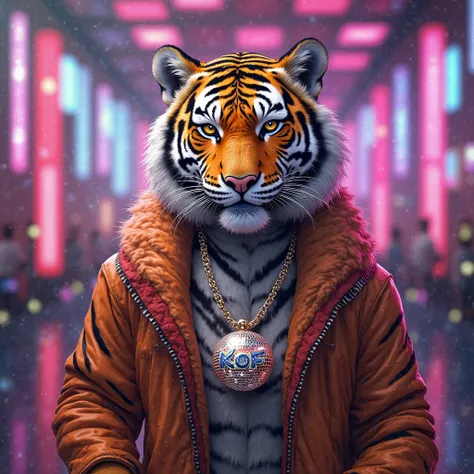 The cute tiger is becoming a disco jockie and wears a necklace that says KOF