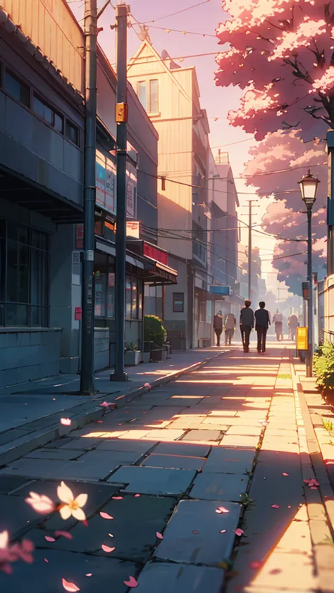 “A suburban Japanese high school entrance at dusk, students in uniforms walking in small groups, chatting and laughing. The school building is modern but slightly aged, with large windows reflecting the soft glow of the setting sun. The main gate is open, ...