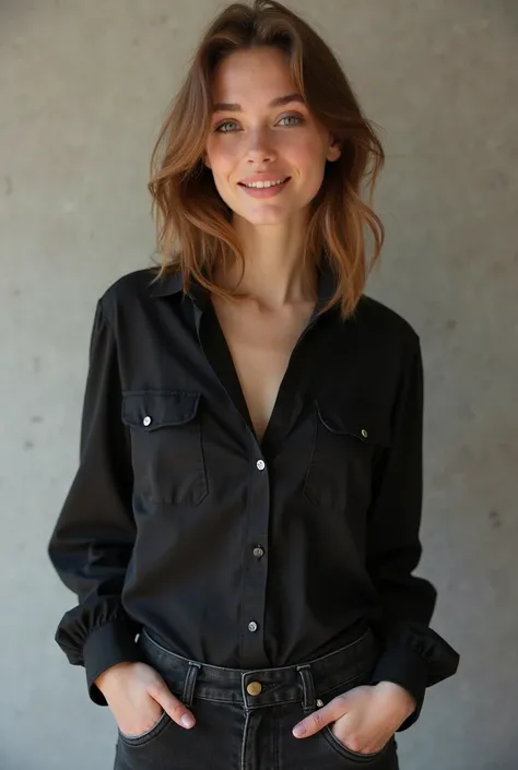 Teenager in black blouse, ciemnoniebieskich dużych spodniach dresowych. stands . She has a terribly tight blouse with long sleeves. Na stopach ma czarne buty. Her hair is light brown, sięgają mniej więcej do ramion i są rozpuszczone. The image shows her wh...