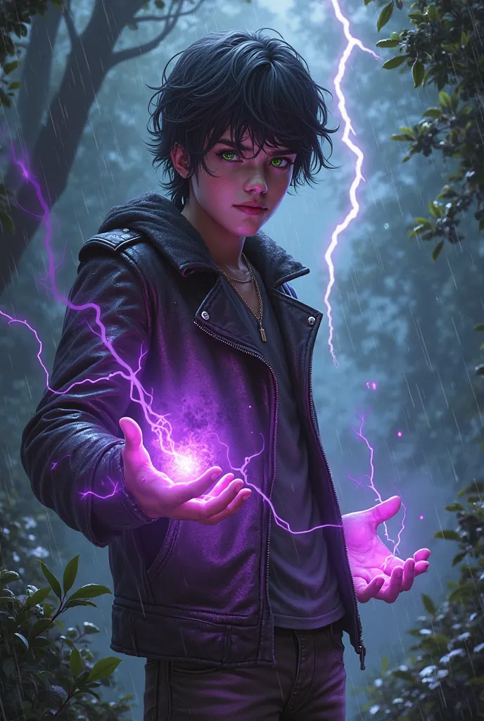 Black-haired and green-eyed teenager, wearing leather jacket in a rainy and nocturnal forest, With purple lightning in the sky.  on your hands, purple rays (powers)