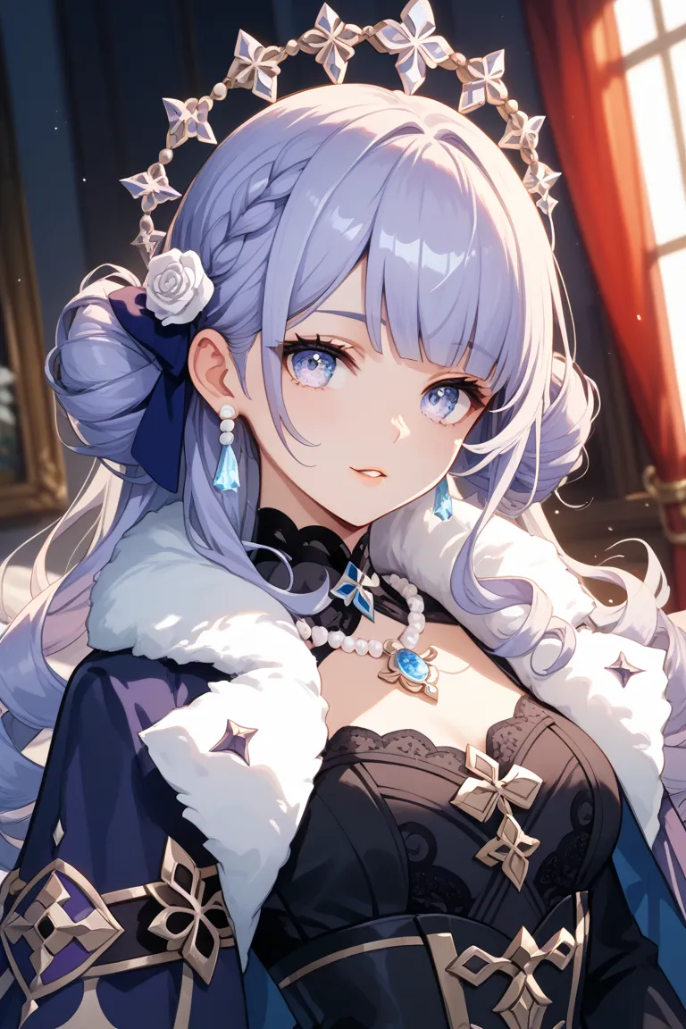 a girl's portrait, a cool beauty, silverly curly blonde hair, waist-long hair, hair arrange like Abigail from FGO, curtain bangs, light lilac eyes, dressed in the fur coat of fatui habingers from Genshin Impact, Thunder attribute Eye of God，a black silk ha...