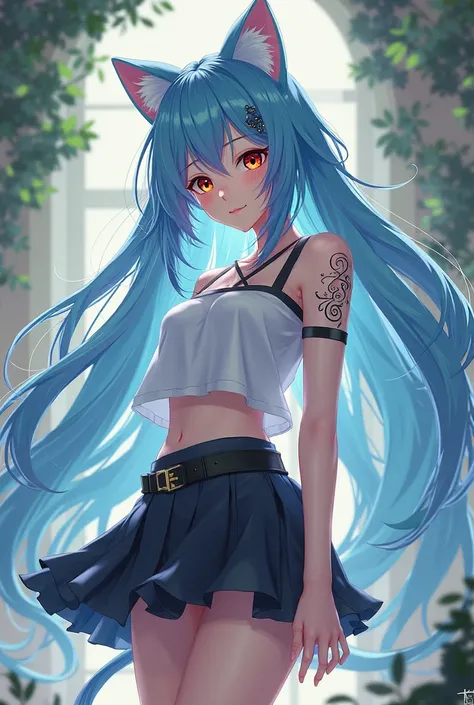 Anime girl with long baby blue hair and black eyebrows with one red eye and one yellow eye And cat ears full body A mini skirt and a one-shoulder t-shirt. With a light tattoo on her right hand 