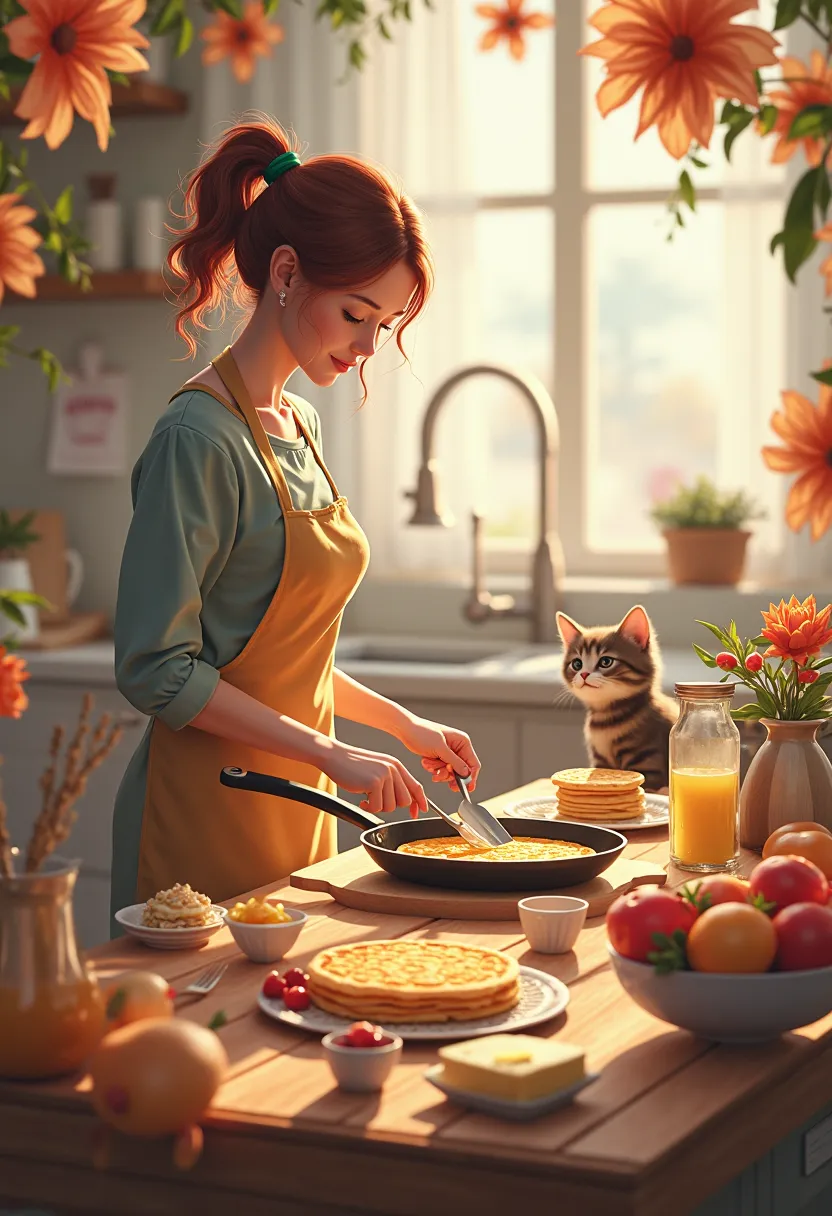 template for filling out games and mailing players, , which is a Maslenica card,  kitchen, signature hot pancakes,  on the table, with honey and butter, Fruit,  are in the center, the kitten looks at them. A little further away, the girl stands sideways wh...