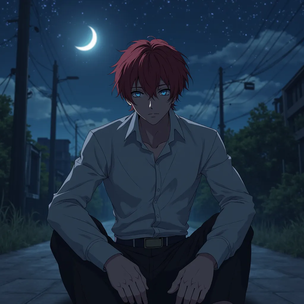 A beautiful lonely 18 year old guy with blue eyes and red hair is sad and alone in an anime night