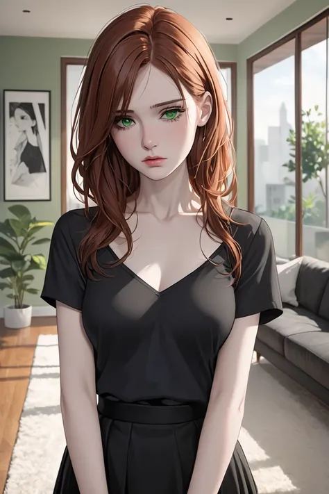 (masterpiece, best quality, 8k, high definition), whole body, woman, neck-length auburn hair, mid-chest, soft green eyes, soft lips, pale skin, beautiful face, wearing black blouse, black skirt, natural light, detailed background, Detailed Illustration Art...