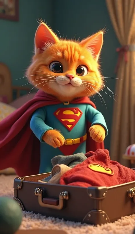 A AGE ORANGE CAT WARING NIGHT SUIT   OPENS A SUIT CASE IN THE SUIT CASE THERE WAS SUPERMAN COSTUME 3D CARTOON