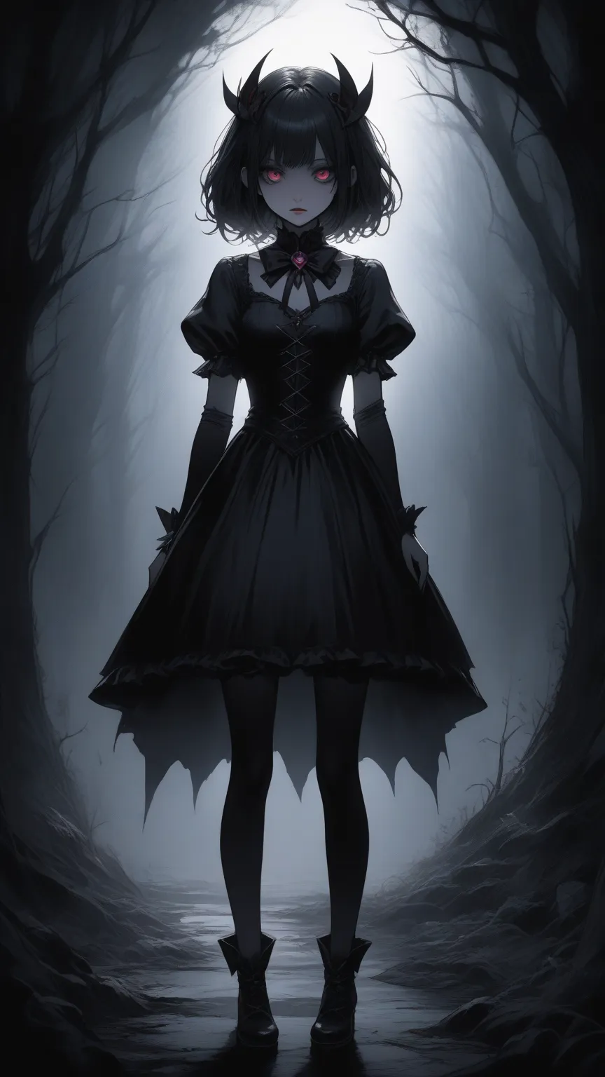 Tim Burton Style、Dark Magical Girl 、 Darkness、anime style、Magical Girl Costume、miniskirt、