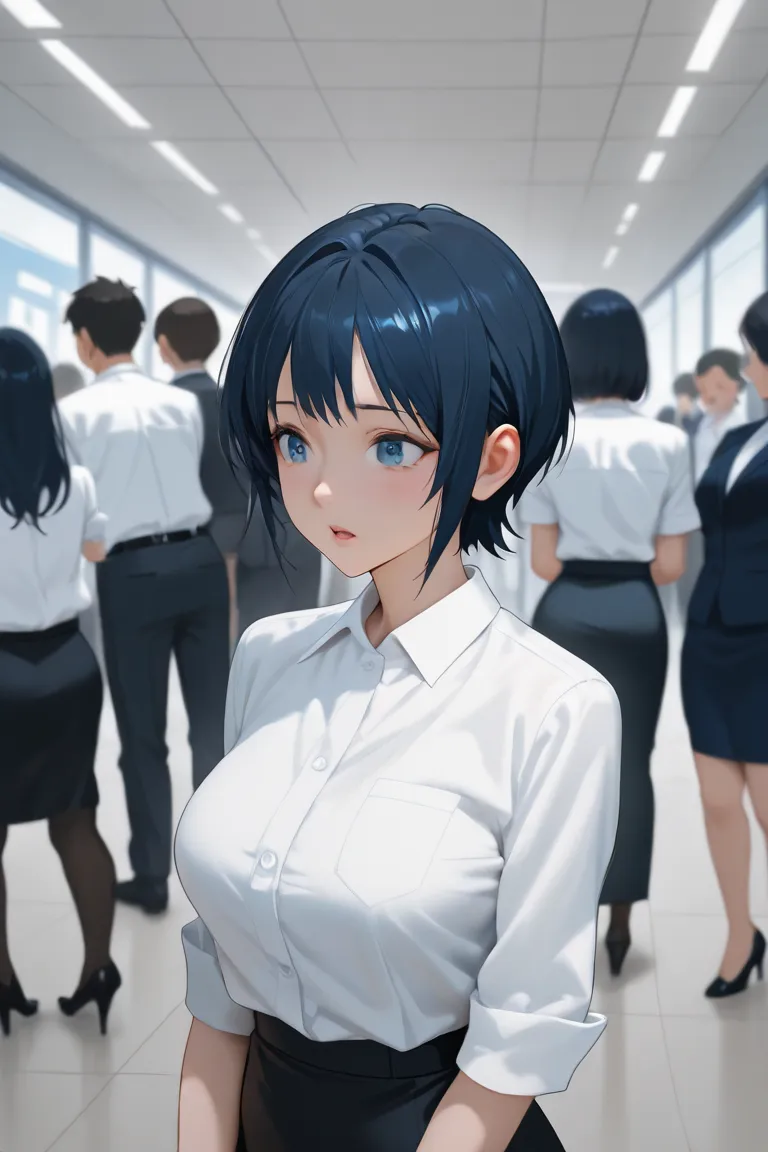  Japanese anime,one girl,Beautiful Girl,(( dark blue short hair)), blue eyes,cute,Good Size Bust, office,white blouse,black skirt, office,I'm talking to another male office worker,multiple people