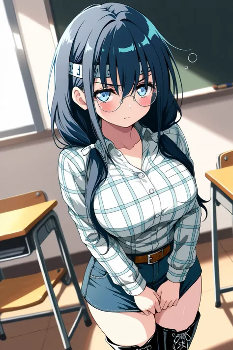 reia_kosu,1 female,solo,
saori_makishima,
black hair,low twin tail,blue hair,long hair,half up,hair between the eyes,blue eyes,big eyes,slant eyes,long eyelashes,sleepy eyes,
contempt,blurred background,
pretty,large breast,looking at viewer,
dutch angle,...