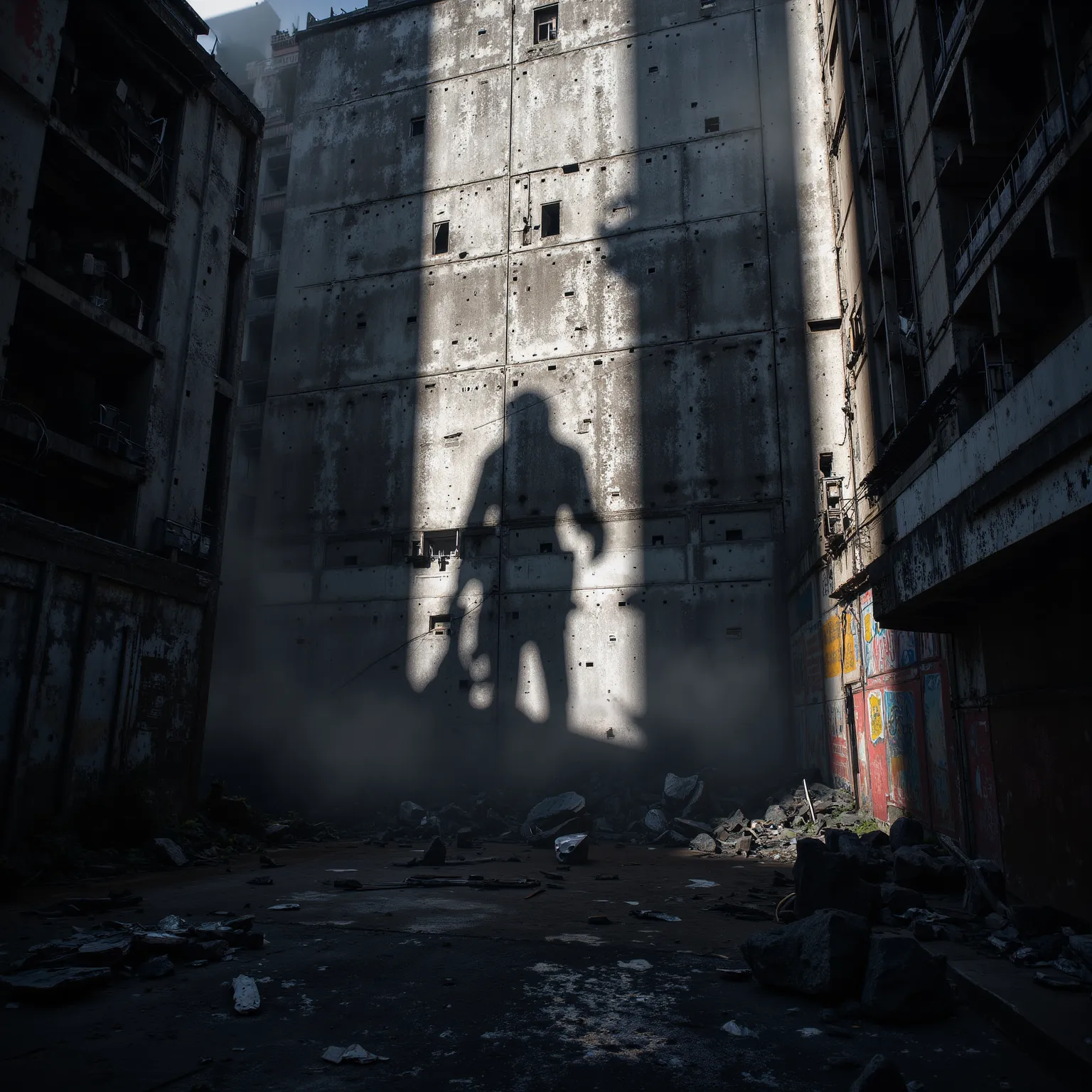 Blast shadows on the walls of city buildings. A silhouette caused by great heat and light. A shadow left behind from a person destroyed by terrible energy, a terrifying light 