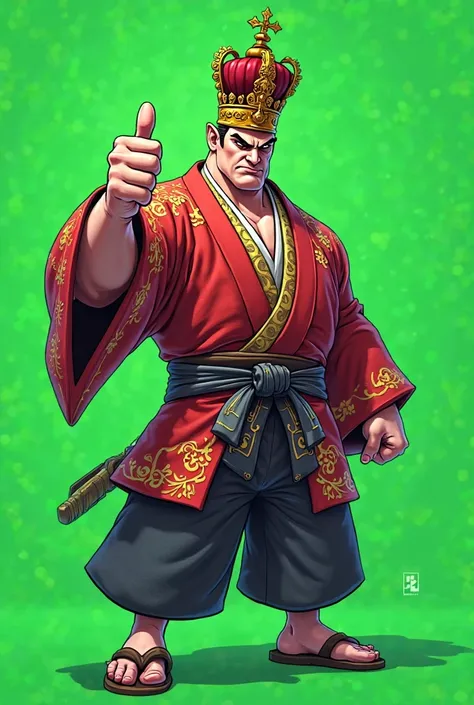 cartoon yakuza character with crown at its head full body with green screen background (angry face) Giving Thumb pose