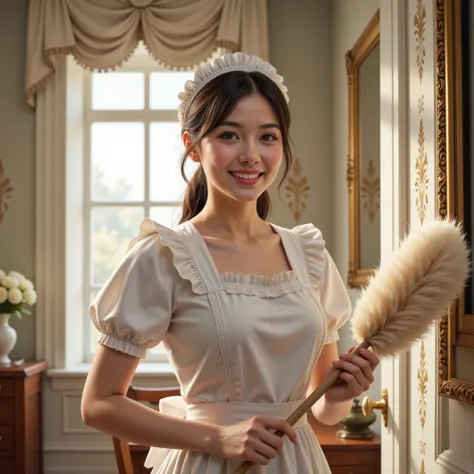 smiling housemaid with duster