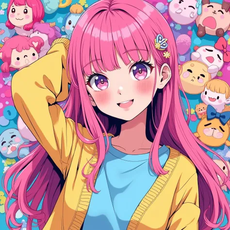 The pop art features a unique and diverse portrait of a beautiful girl with long pink hair, capturing a moment of pure joy. The manga-style depiction and vibrant colors add liveliness to the image, and her adorable eyes and shoulder-length hairstyle are tr...