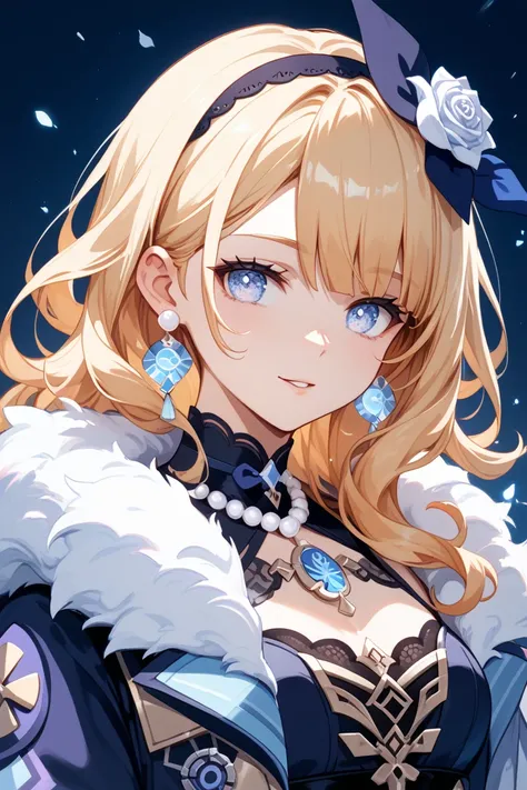 a girl's portrait, a cool beauty, silverly curly blonde hair, waist-long hair, hair and bangs arrange like Abigail from FGO, light lilac eyes, dressed in the fur coat of fatui habingers from Genshin Impact, Electro Element: Eye of God, a black silk hair ba...