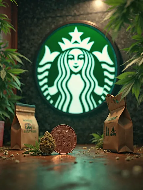 Background with a logo inspired by starbuks ,
with a penny and a distinctive color on it. 
WE ARE OPEN ,and there are bags from Marijuana