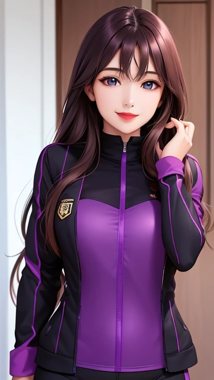 woman , long hair brown, normal, dark, she is solo, from mirror world ,best quality, realistic, cycling (full dark purple color) suit and cycling sports black shorts, she is stand , smile, red lipstick , 