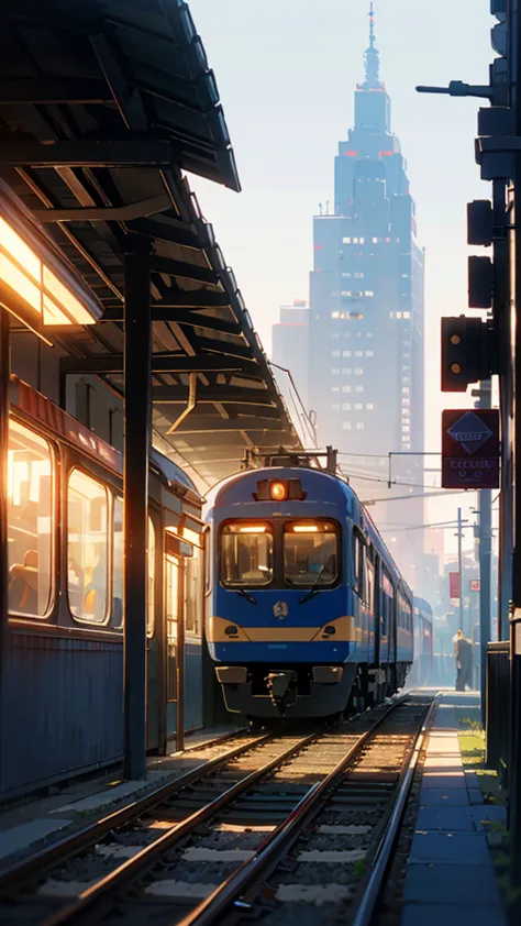 “A small train station platform in a quiet suburban town, illuminated by the soft glow of evening lights. The digital timetable board flickers faintly, displaying upcoming departures. A train approaches in the distance, its headlights cutting through the e...