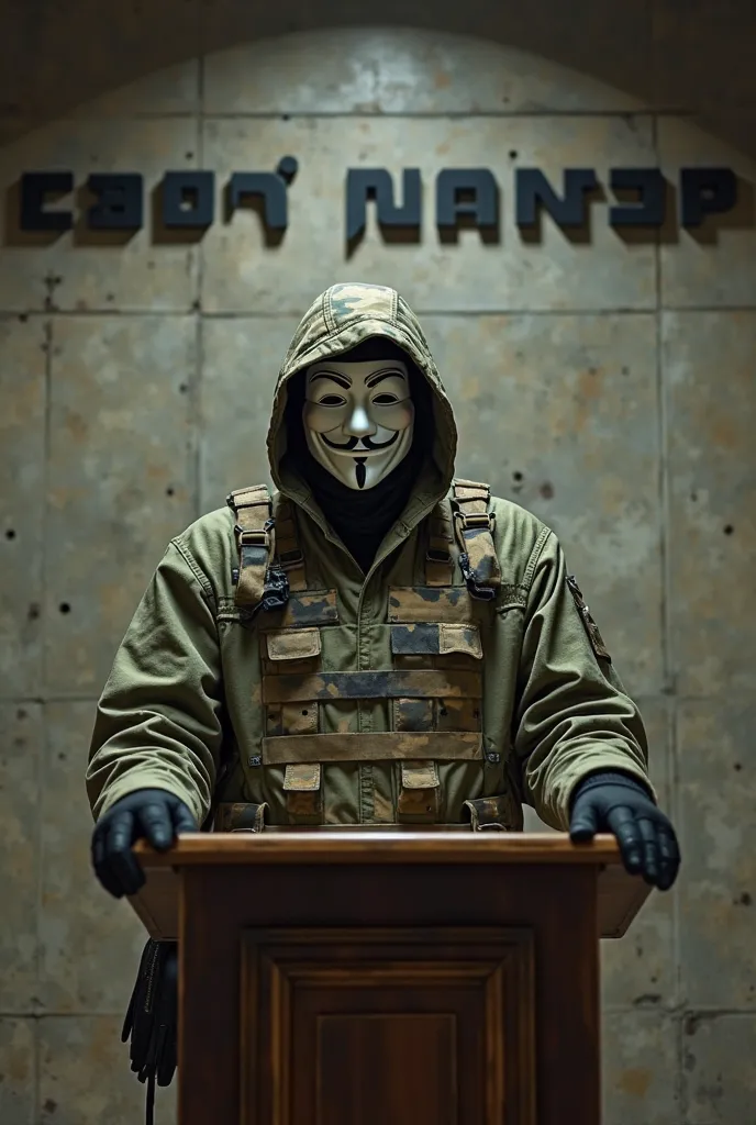 A man wearing an Anonymous mask, Typical army camouflage parka jacket , The army's distinctive camouflage bulletproof vest, Army camouflage trousers, Typical army combat boots, Black leather gloves, army camouflage hood, While giving a speech at the podium...