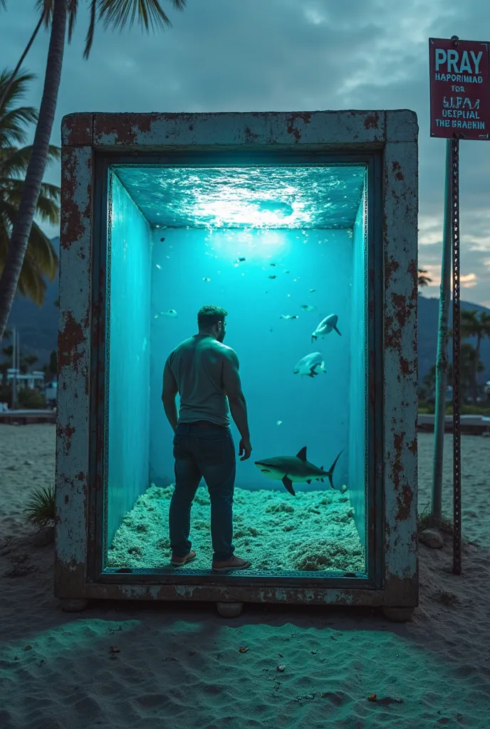 I WANT TO SEE THE INSIDE OF A BOX THAT IS COVERED WITH LED SCREENS, IN AERIAL VIEW AT 45 DEGREES, WITH A CHUBBY MAN INSIDE THE BOX, INTERACTING WITH SHARKS ON THE TROPICAL SEABED, IN THE BACKGROUND THERE IS ALSO A POLE WITH A SIGN THAT SAYS PRAY IN A STRAN...