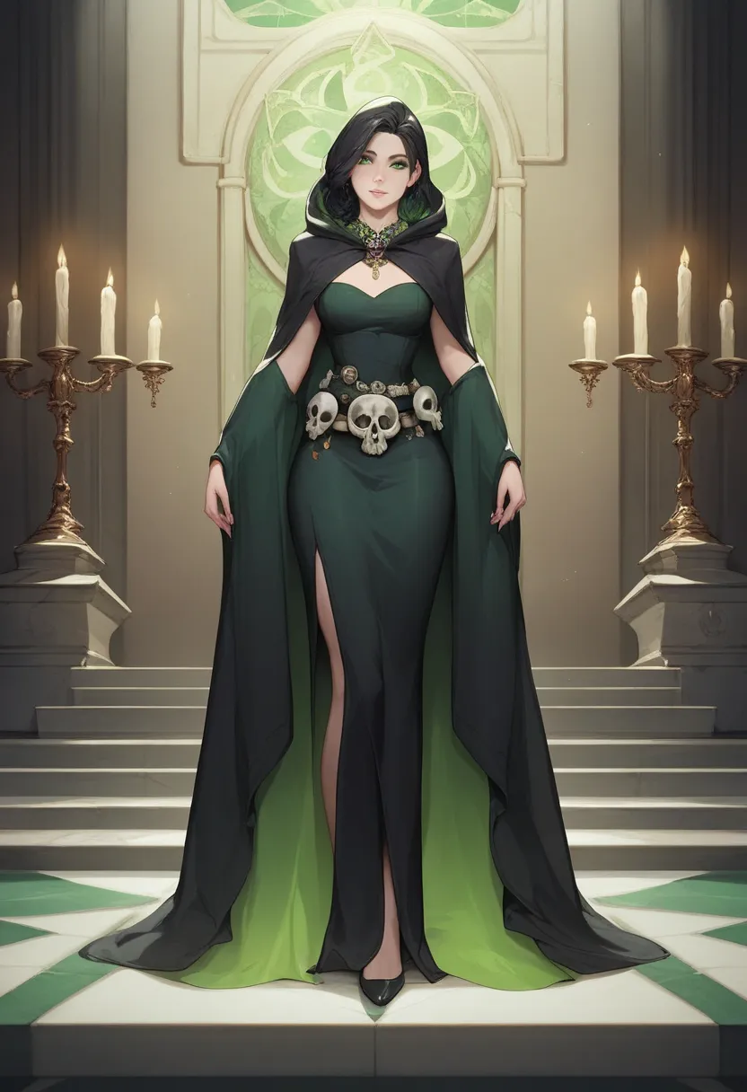 Masterpiece, best quality, high quality face, adult female, full body, medium chest, (solo), standing in a large circular stone walled room, temple room, lit candles around the room, 1woman, adult woman, black hair, shoulder length hair,  dark green eyes, ...