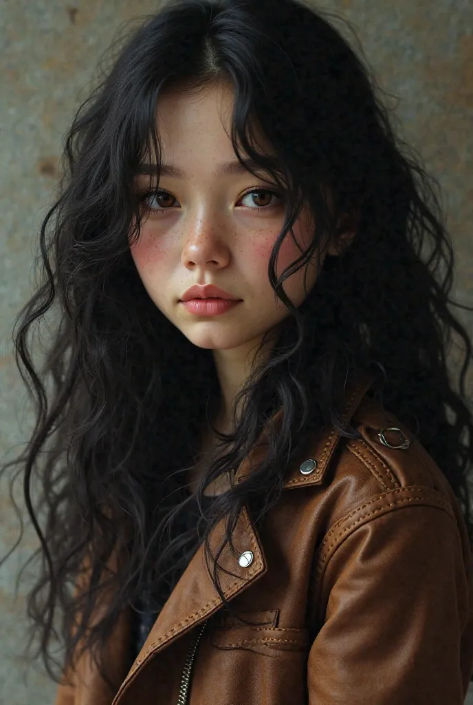 shy girl,  brown eyes, Brown Leather, long hair, black and curly