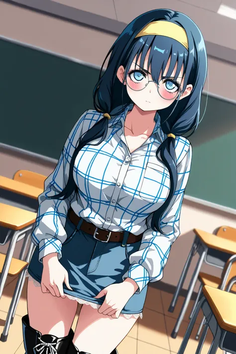 reia_kosu,1 female,solo,
saori_makishima,
black hair,low twin tail,blue hair,long hair,half up,hair between the eyes,blue eyes,big eyes,slant eyes,long eyelashes,sleepy eyes,
contempt,blurred background,
pretty,large breast,looking at viewer,
dutch angle,...