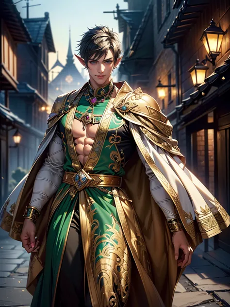  (masterpiece,best quality,ultra_detailed,highres,absurdres), (detailed shadow), (quality light), 1 (tall_young_ikemen_male:2.0) with (bulge:1.3), (slanty_wide_eyes), 30-ish, (muscleale focus, solo), short (bangs part on side 3:7 ratio), blue eyes (detaile...