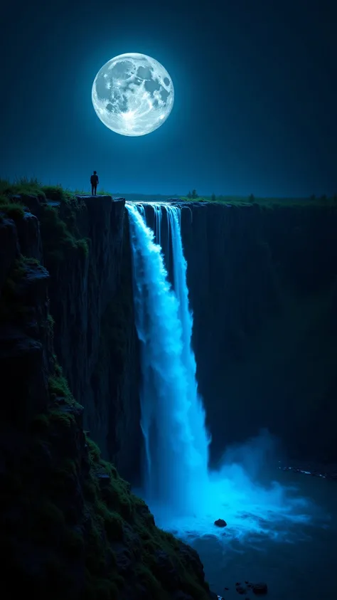 This image shows a fantastic scene: , a bright mirrored moon as if merging with the majestic cliff, creating a molten blue waterfall. This waterfall illuminates the cliffside, filling it with an atmosphere of magic and mystery.

At the top of the cliff, ju...