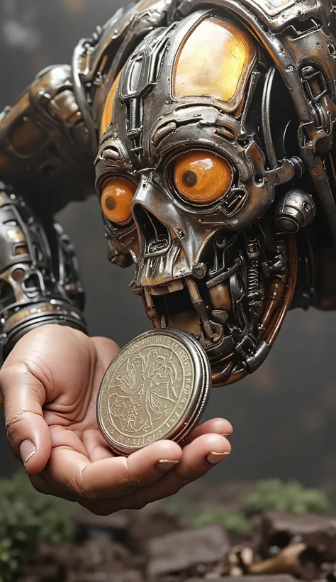 HD Digital Painting,Science Fiction,,Focus on close-up,natural light,reflection,Smooth movement ,Extreme Details,4K High Resolution,Scaled processing,professional-grade rendering, are brightly colored, high contrast ,Metallic tones ,An old coin beats flexi...