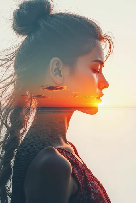 high quality, 8K Ultra HD, A beautiful double exposure that combines an goddess silhouette with sunset coast, sunset coast should serve as the underlying backdrop, with its details incorporated into the goddess , crisp lines, The background is monochrome, ...