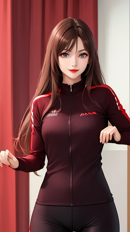 woman , long hair brown, normal, dark, she is solo, from mirror world ,best quality, realistic, cycling (full dark red color) suit and cycling sports black shorts, she is stand , smile, red lipstick , 